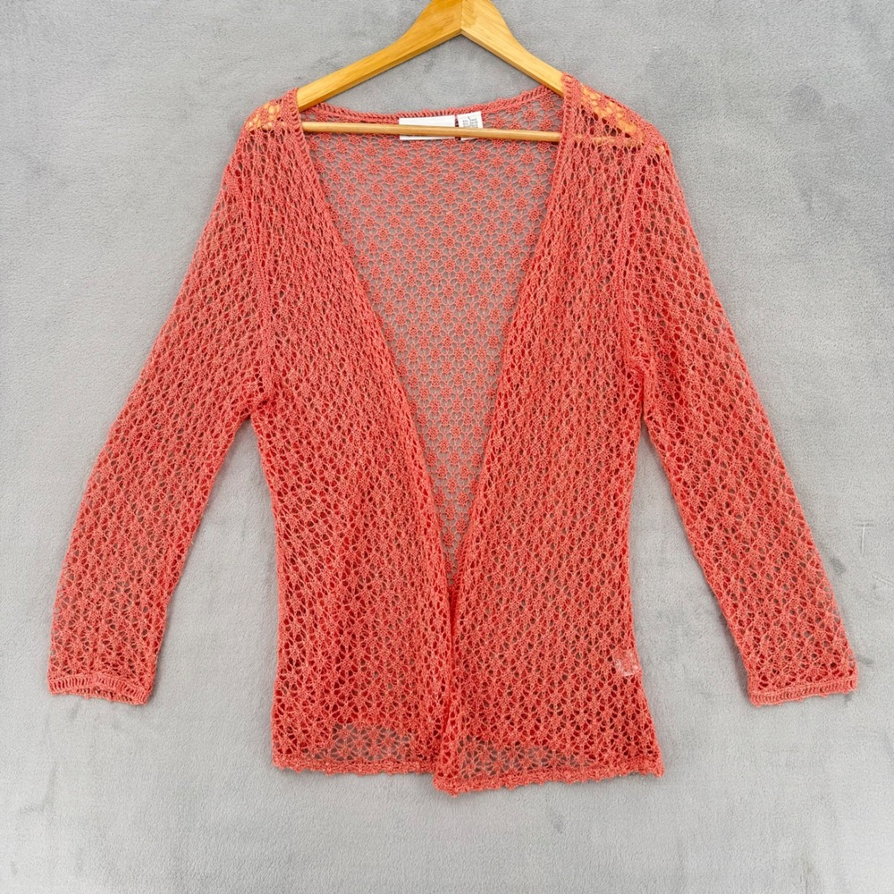 Chadwicks Womens Large Cardigan Sweater Coral Pink Metallic Open Knit Crochet